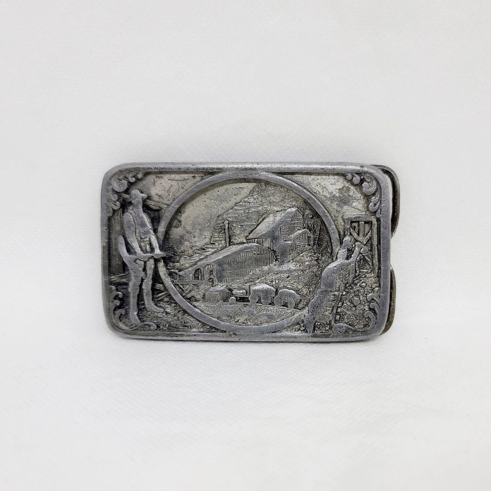 Vintage Pewter Miner's Scene Belt Buckle